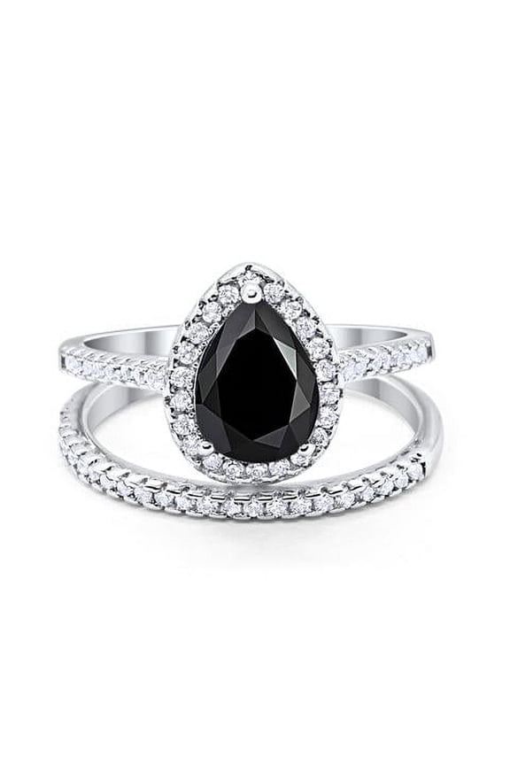 Pear Teardrop Bridal Set Ring Black CZ 925 Sterling Silver Size 8