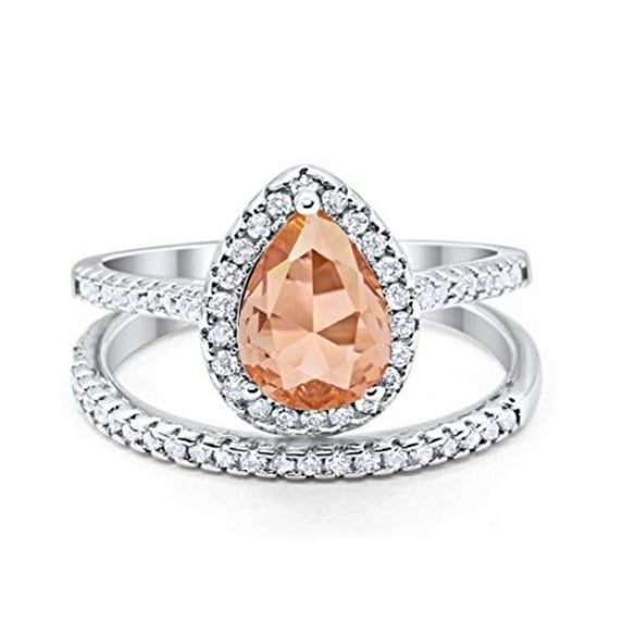 Pear Teardrop Bridal Set Ring Morganite CZ 925 Sterling Silver Size 6