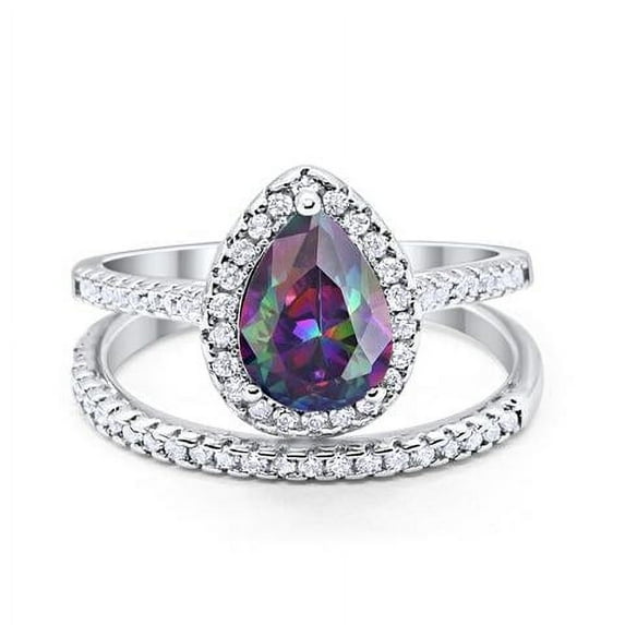 Pear Teardrop Bridal Set Ring Rainbow CZ 925 Sterling Silver Size 4