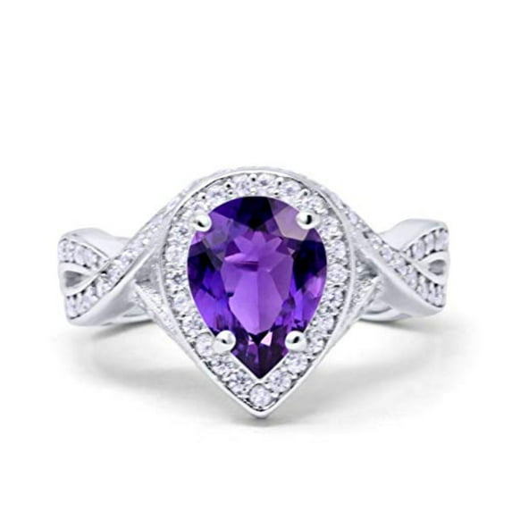 Pear Teardrop Engagement Ring Amethyst CZ 925 Sterling Silver Size 8