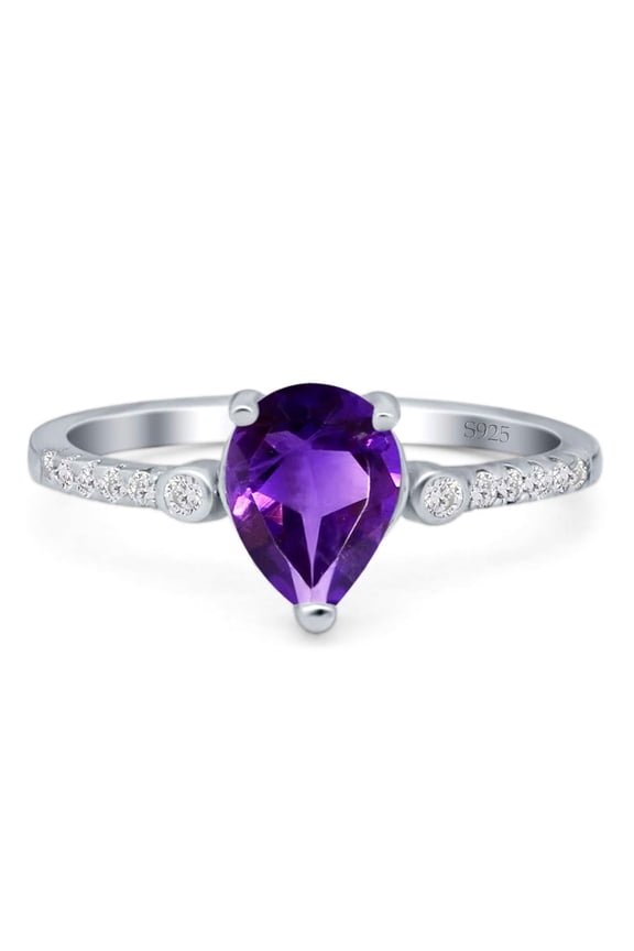 Pear Teardrop Natural Amethyst Vintage Style Ring 925 Sterling Silver Size 10