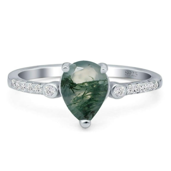 Pear Teardrop Natural Green Moss Agate Wedding Ring 925 Sterling Silver Size 5
