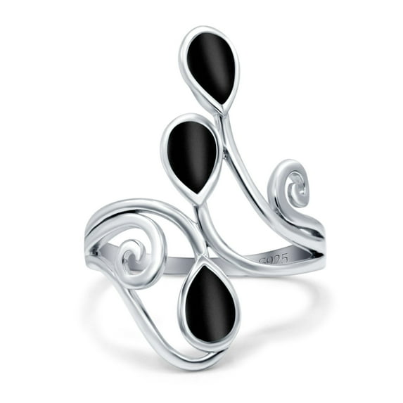 Pear Teardrop Swirl Spiral Ring Black Onyx 925 Sterling Silver Size 6