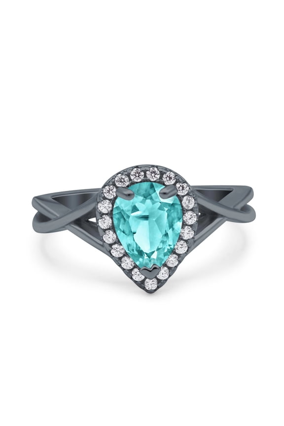 Pear Teardrop Twist Infinity Shank Ring Black Tone Paraiba Tourmaline CZ 925 Sterling Silver Size 6