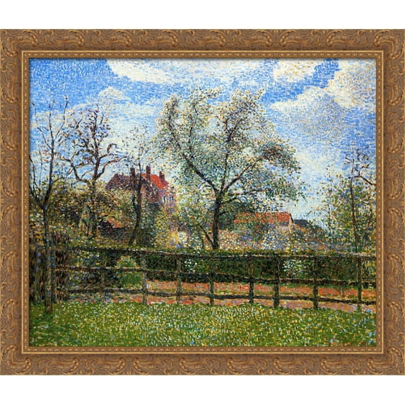 Pear Trees and Flowers at Eragny, Morning 32x28 Large Gold Ornate Wood Framed Canvas Art by Camille Pissarro