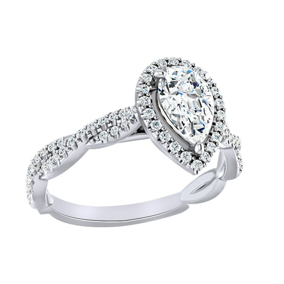 AFFY Pear & White Moissanite With Natural Diamond Engagement Ring In 14K Solid White Gold, Size-10