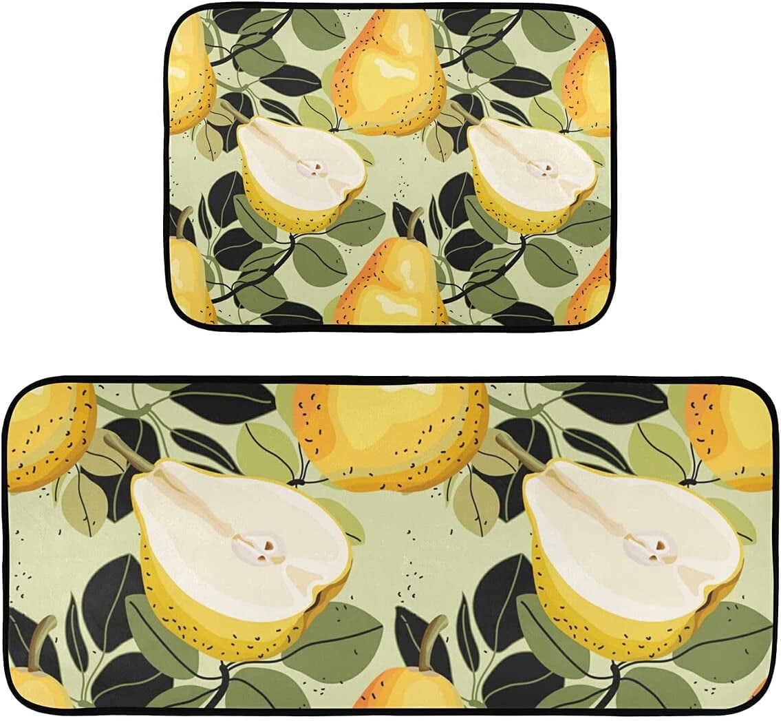 Pear and Leaves Kitchen Rugs and Mats Set 2 Piece Non Slip Washable ...