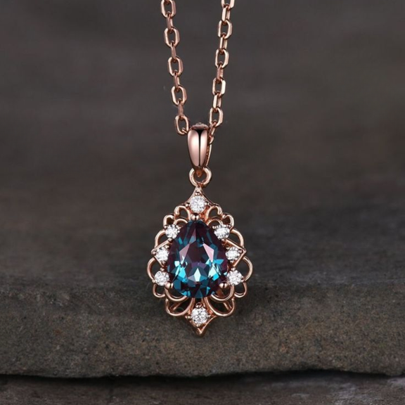 Pear cut Alexandrite Pendant Necklace in 14k Rose Gold Finish - June Birthstone Jewelry - Unique Art Deco Bridal Necklace