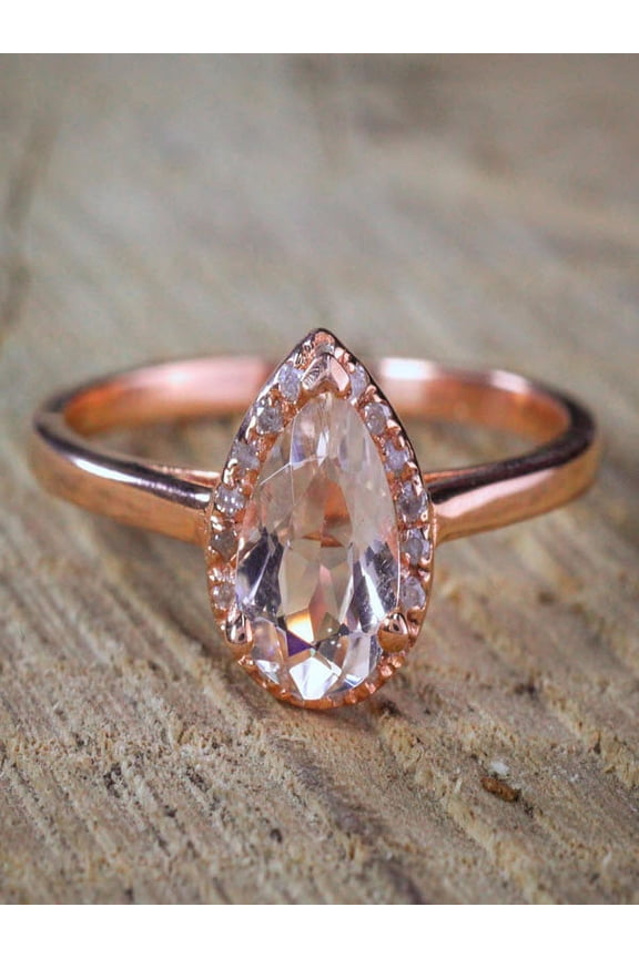 Pear cut Solitaire Morganite and Diamond Halo Engagement Ring on Sale: 1.25 Carat Morganite Solitaire Engagement Ring in Rose Gold