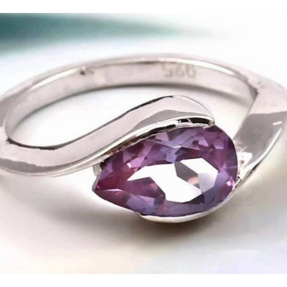 Pear shaped Alexandrite engagement ring 925 Silver vintage unique Solitaire engagement ring dainty anniversary wedding ring Birthstone women