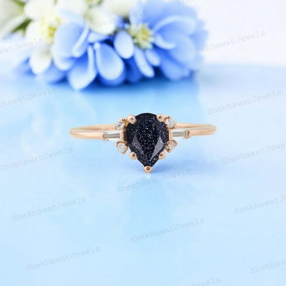 Pear shaped blue sandstone ring vintage Alternative unique cluster blue sandstone engagement ring rose gold diamond wedding ring for women