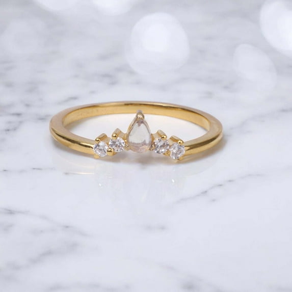 Pear shaped moonstone curved wedding band vintage Diamond stacking band unique matching ring art deco birthstone anniversary wedding ring Christmas gift