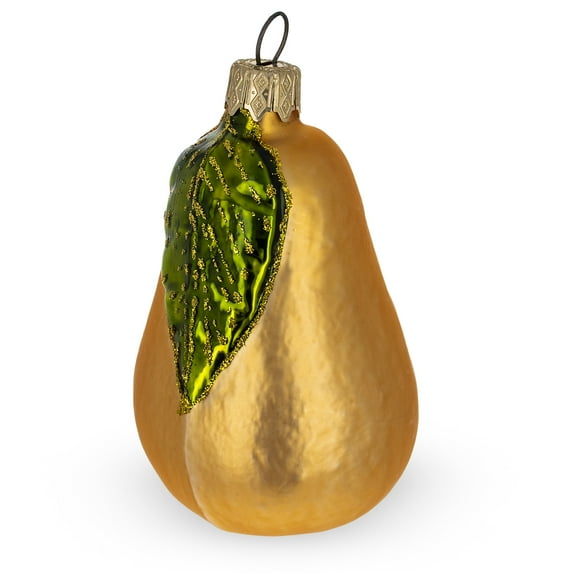 Pear with Green Leaf Glass Christmas Ornament 3.8 Inches