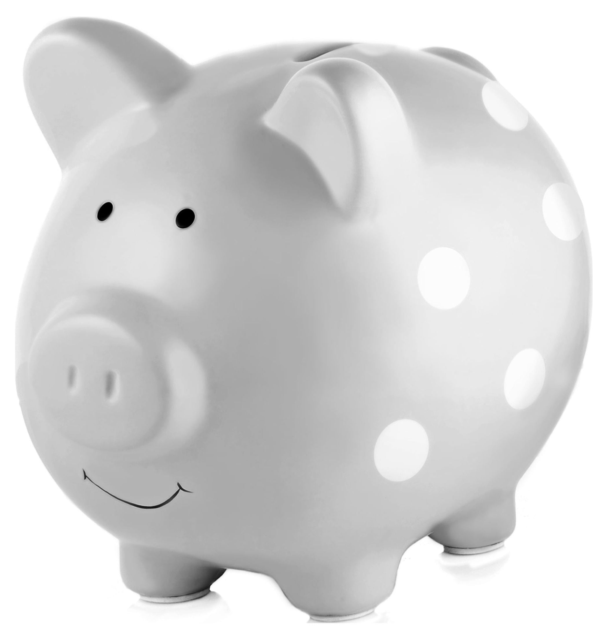 Pearhead Ceramic Piggy Bank - Gray with White Polka Dots