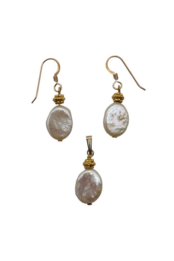 Pearl 14kgf Earrings Pendant Set | 1 1/4" Long | Yellow Gold | 1 Matched Set |