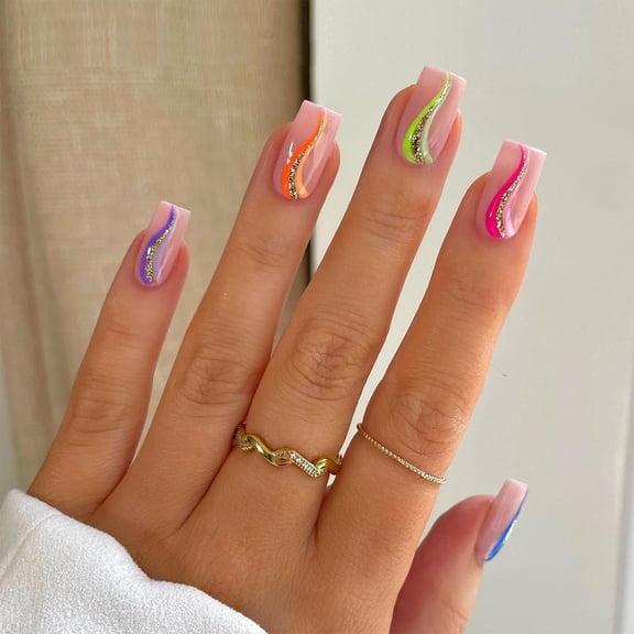 Pearl 3D Stripe Press on Nails Long Almond Fake Nails Glossy White Glue on Nails Full Cover Acrylic Stick on Nails for Women DIY Charm Manicure White Wavy Stripe