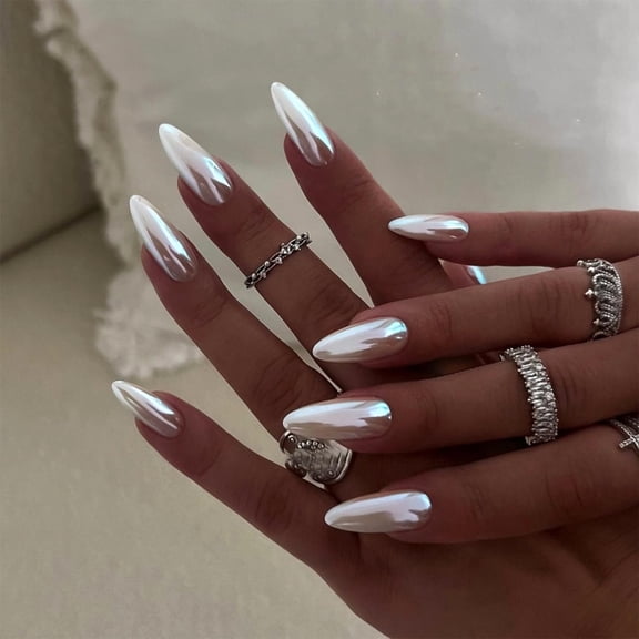 Pearl 3D Stripe Press on Nails Long Almond Fake Nails Glossy White Glue on Nails Full Cover Acrylic Stick on Nails for Women DIY Charm Manicure White White Chrome Solid Color