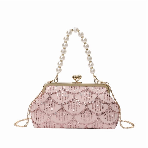 Pearl-Accented Sequin Shell Clutch Bag for Women, Adjustable Chain Shoulder Crossbody Purse - Stylish Evening Daily Matching Bag