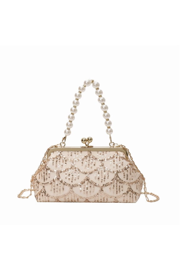 Pearl-Accented Sequin Shell Clutch Bag for Women, Adjustable Chain Shoulder Crossbody Purse - Stylish Evening Daily Matching Bag