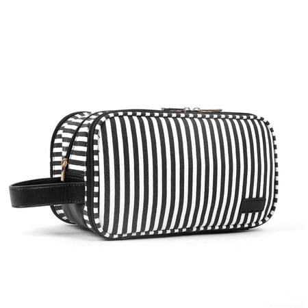 Pearl Angeli Toiletry Bag for Women Portable Cosmetic Bag Large Wash Bag Toiletries Storage Bag Waterproof Stripe Makeup Bag for Girls Ladies (Black)