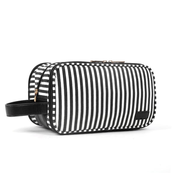 Pearl Angeli Toiletry Bag for Women Portable Cosmetic Bag Large Wash Bag Toiletries Storage Bag Waterproof Stripe Makeup Bag for Girls Ladies (Black)