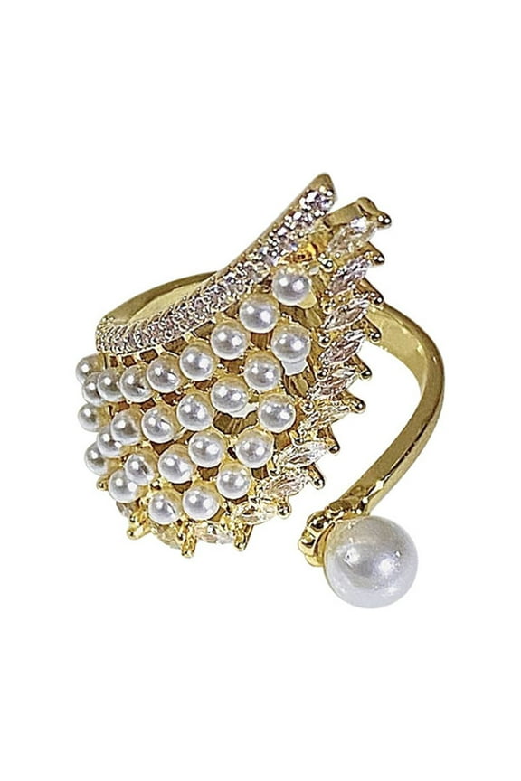 Pearl Angle Wing CZ Gold Plated Open Statement Ring Crystal Wedding Band for Women Girls