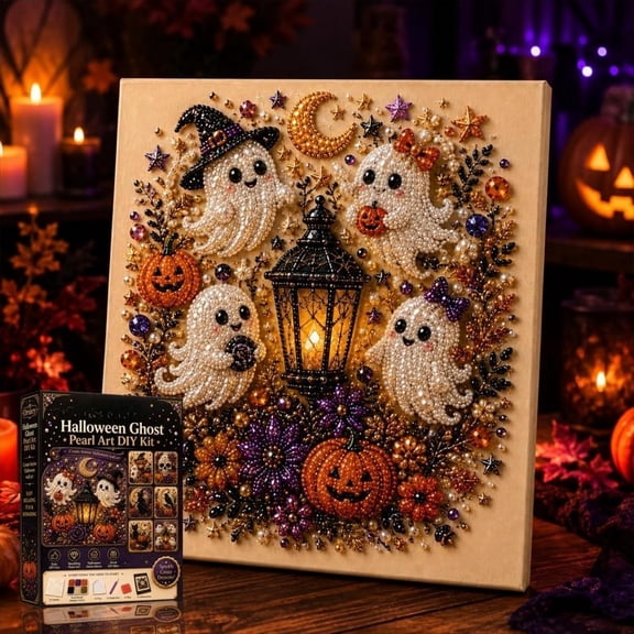 Pearl Art Kit for Adults, Spooky Cute Ghost 3D Diamond Painting Halloween DIY Set, Wall Decor & Fall Party Gifts (1 Kit, Ghost)
