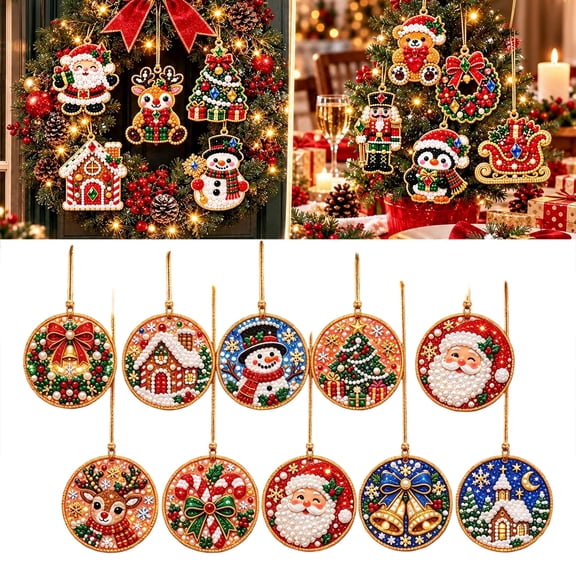 Pearl Art Kits for Adults, 10PCS Diamond Art Christmas Ornaments with Twine, Wooden Christmas Ornaments for Tree & Window Decorations
