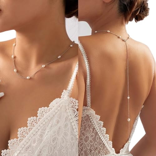 Dainty Pearl Y-Necklace For Women – Long Lariat Pearl Choker, Back Necklace For Backless Dresses, Bridal & Wedding Jewelry