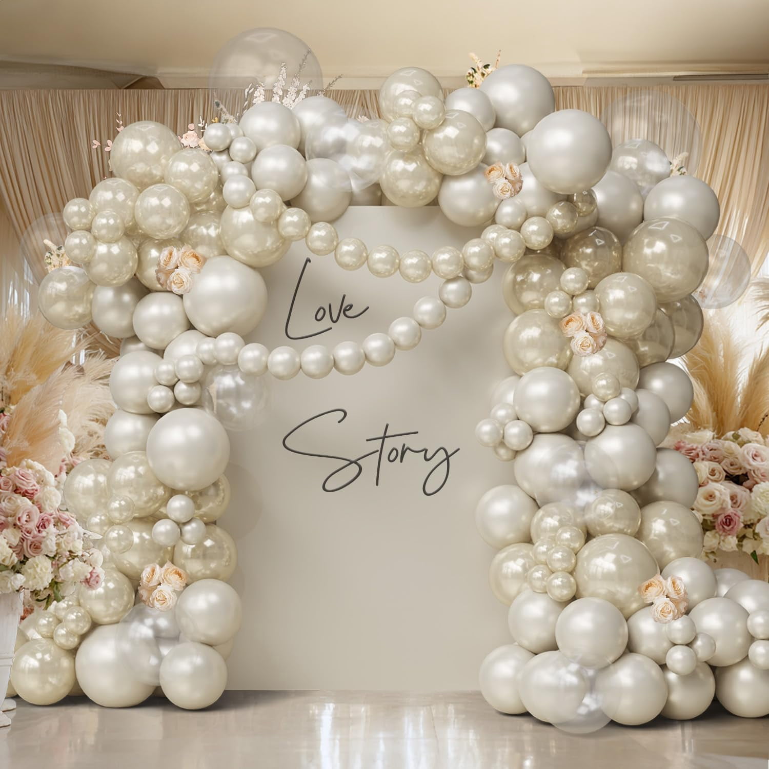 Pearl Balloon Arch Kit – Double Layer Pearl White Sand Balloons & Clear Balloons Linking for Wedding, Bridal Shower, Engagement, Birthday Party Decorations