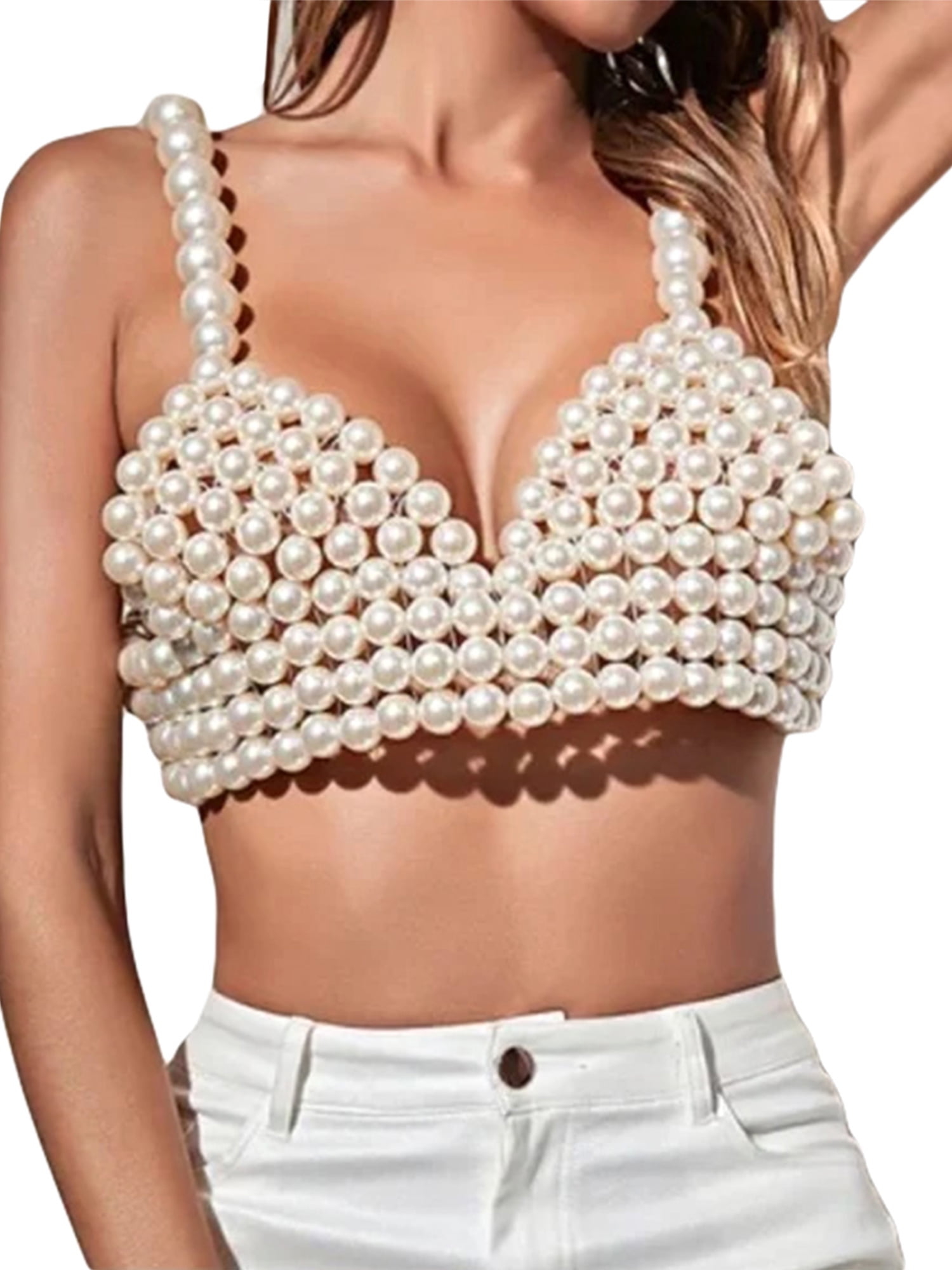 Pearl Beaded Crop Tops for Women Sexy Cami Top Spaghetti Strap Pearl Tank Top  Bra Cover Ups Top Party Streetwear 