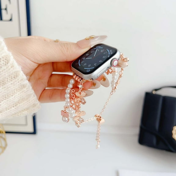 Pearl Beaded Diamond Flower Bracelet for Apple Watch 38/40/41/42mm(S10), for iWatch Band Series SE 10 9 8 7 6 5 4 3 2 1, with Adjustable Push-Button Drawstring Style Lock, Rosegold