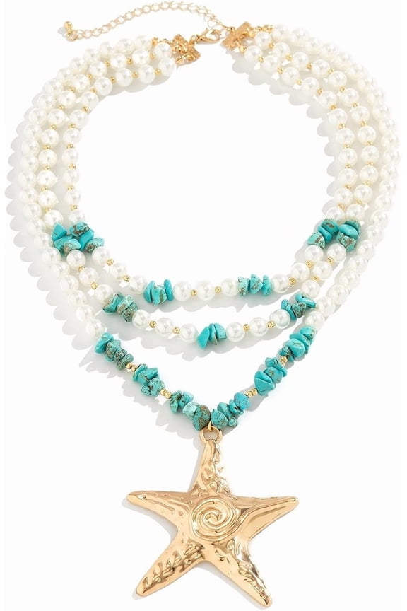 Pearl Beaded Starfish Pendent Necklace Turquoise Mermaid Chunky Multilayer Necklace Summer Beach Jewelry for Women[b954]