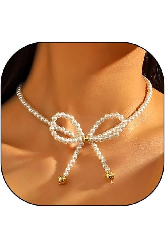 Pearl Beads Bow Necklace for Women Cute Bow Choker Necklace Pearl Bowknot Necklaces Trendy Chain Ribbon Knot Necklace for Women Jewelry Gift