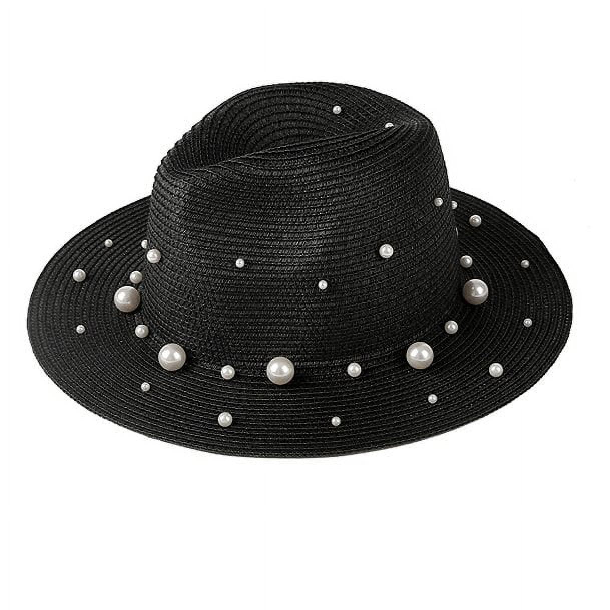 Pearl Beads Fedora Straw Hat Elegant Black - Walmart.com display picture 1