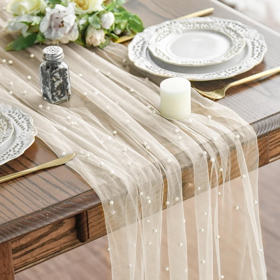 Pearl Beige Gauze Table Runner , Seasonal Sheer Dining Holiday Wedding Birthday Baby Shower Table Decor for Home Party75*300cm)
