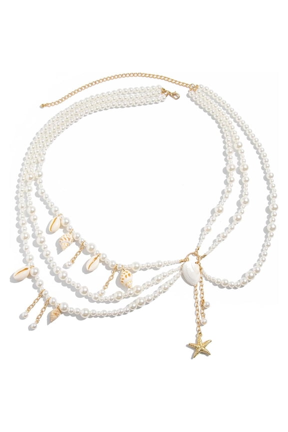 Pearl Belly Chain Layered Waist Body Chains Mermaid Beach Conch Starfish Bikini Belly Jewelry Fashion Beach Rave Party Club Body Accessories Jewelry for Women, 29.5-37.4 In