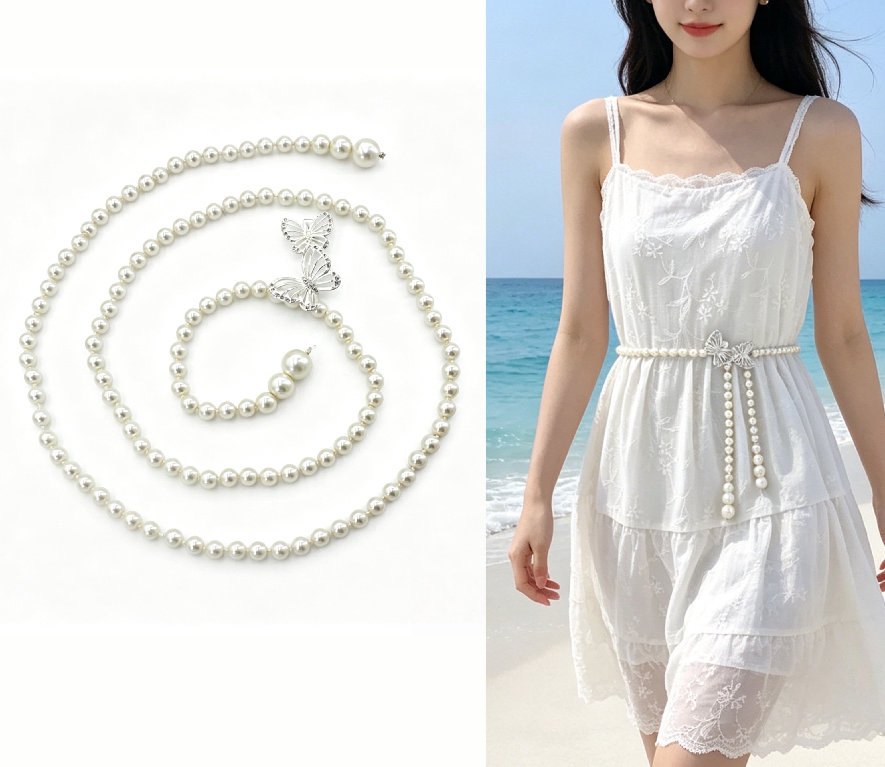 Silver Tone Multi Strand Faux Pearl Chain Belt Toggle Closure Layered Accessory Gold Tone Multi Layer Chain Belt Faux Pearls Dangle Accents  main image 3