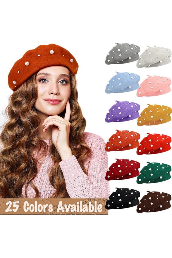 Pearl Beret Hat French Style Beanie Cap Solid Color Winter Hat for Women and Girls Casual Use 1Pcs