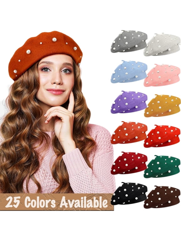 Pearl Beret Hat French Style Beanie Cap Solid Color Winter Hat for Women and Girls Casual Use