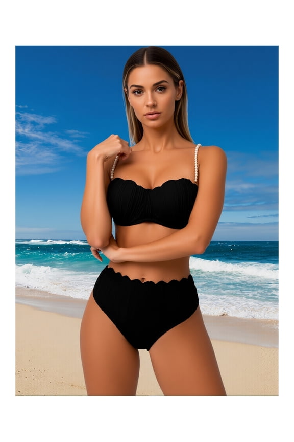 Pearl Bikini Set for Women - Sexy Two Piece Swimsuit - Beach Vacation Bathing Suit - Shell Pattern Halter Bikini - Padded Push Up Bikini Top