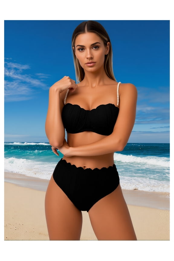 Pearl Bikini Set for Women - Sexy Two Piece Swimsuit, Shell Pattern Bathing Suit for Beach, Vacation, Hot Spring, Halter Top & High Cut Bottom