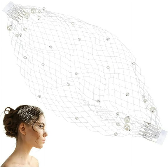 Pearl Birdcage Veil 14.8x7.5inches White Mesh Veil Headpiece with Pearl Pearl bridal Veil Fascinator with Hair Comb 1920s Fascinators Hats for Tea Party Halloween Costume Accessories