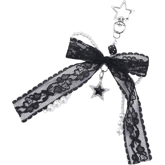 Pearl Bow Bag Charm Keychain Alloy Heart Pendant Keyring for Women Backpack Handbag Purse Decor Black