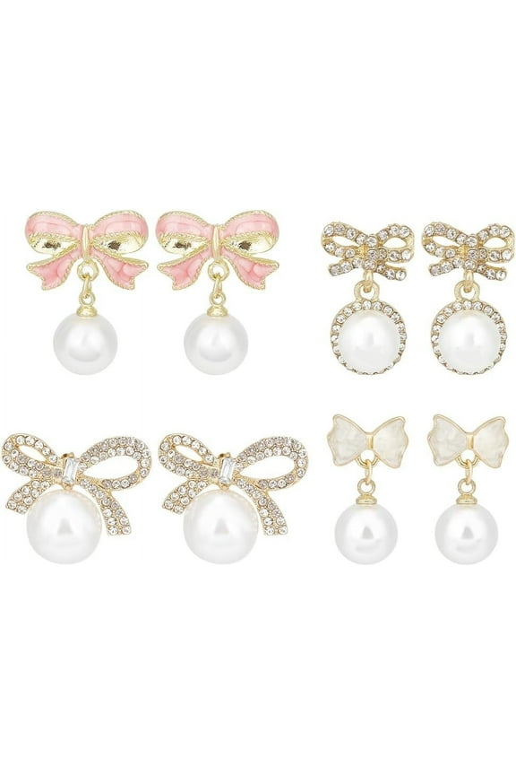 Pearl Bow Earrings 4 Pairs Dainty Rhinestone Bow Stud Earrings Pearl Statement Earrings 4 Styles Lightweight Silver Golden Dangle Stud Earrings for Wedding Party Birthday Cocktail Summer DIY