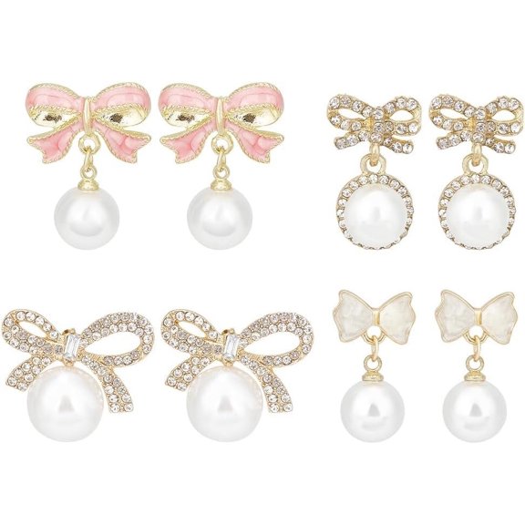 Pearl Bow Earrings 4 Pairs Dainty Rhinestone Bow Stud Earrings Pearl Statement Earrings 4 Styles Lightweight Silver Golden Dangle Stud Earrings for Wedding Party Birthday Cocktail Summer DIY