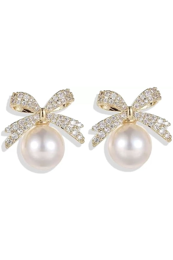 Pearl Bow Earrings for Women Cubic Zirconia Dainty Gold Plated Pearl Earring Bow Stud Earrings Jewelry Gifts