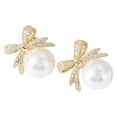thumbnail image 1 of Pearl Bow Earrings for Women Elegant Rhinestone Dangle Holiday Jewelry Christmas Party Drop Earrings, 1 of 8