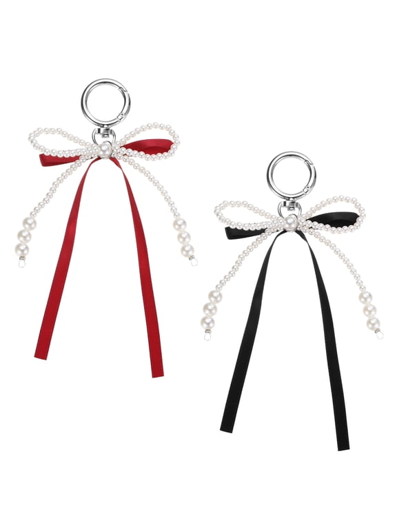Pearl Bow Keychain, 15mm Y2k Aesthetic Imitation Pearl Bowknot Ribbon Keyring, Cute Bag Charm for Tote Bags Purse Handbag, Black, Wine Red Pack of 2