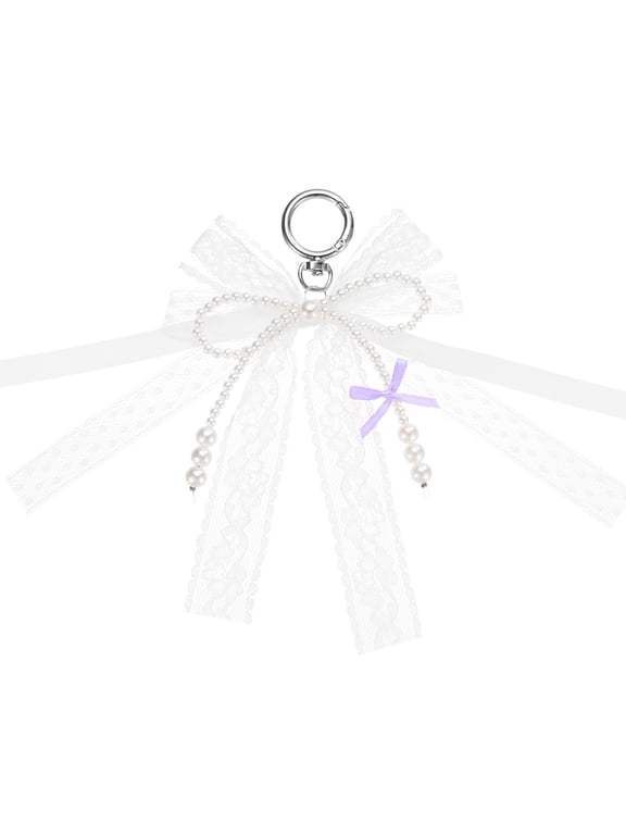 Pearl Bow Keychain, 16mm Y2k Aesthetic Imitation Pearl Lace Bowknot Keyring, Cute Bag Charm for Tote Bags Purse Handbag, Purple Pack of 1
